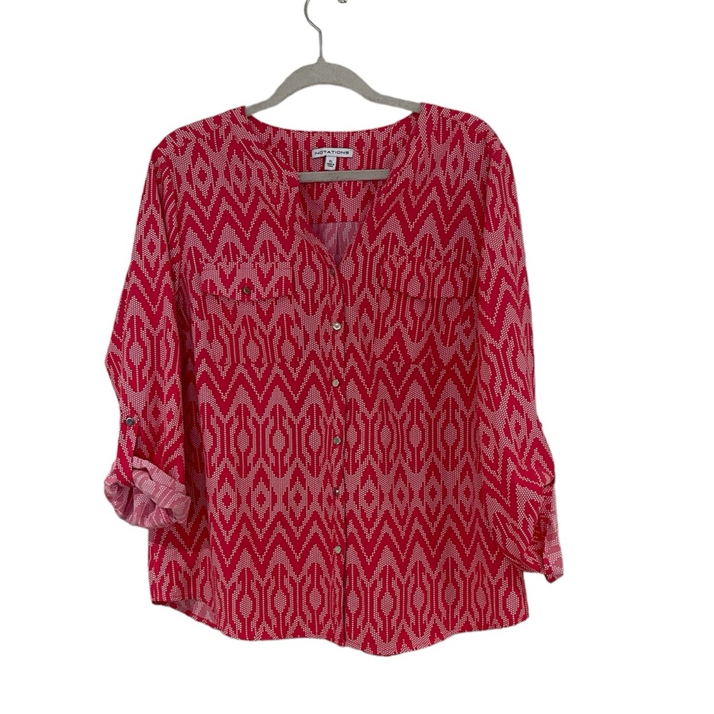 NOTATIONS Women’s Blouse  Roll Up Button Sleeve Color Red Pink Size XL